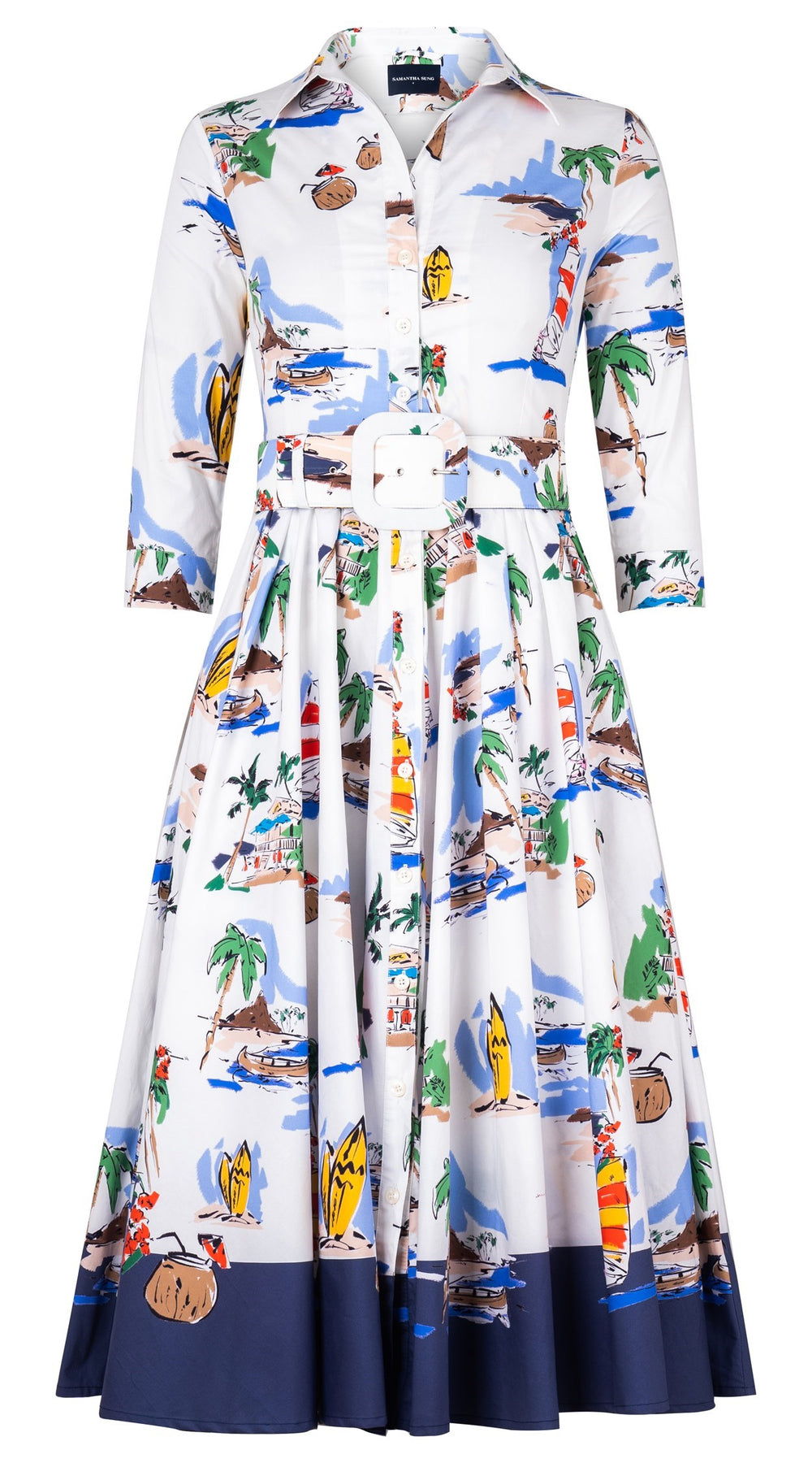 Abelia Dress Shirt Collar 3/4 Sleeve Midi Length Cotton Stretch (Hawaiian Souvenir)