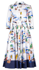 Abelia Dress Shirt Collar 3/4 Sleeve Midi Length Cotton Stretch (Hawaiian Souvenir)