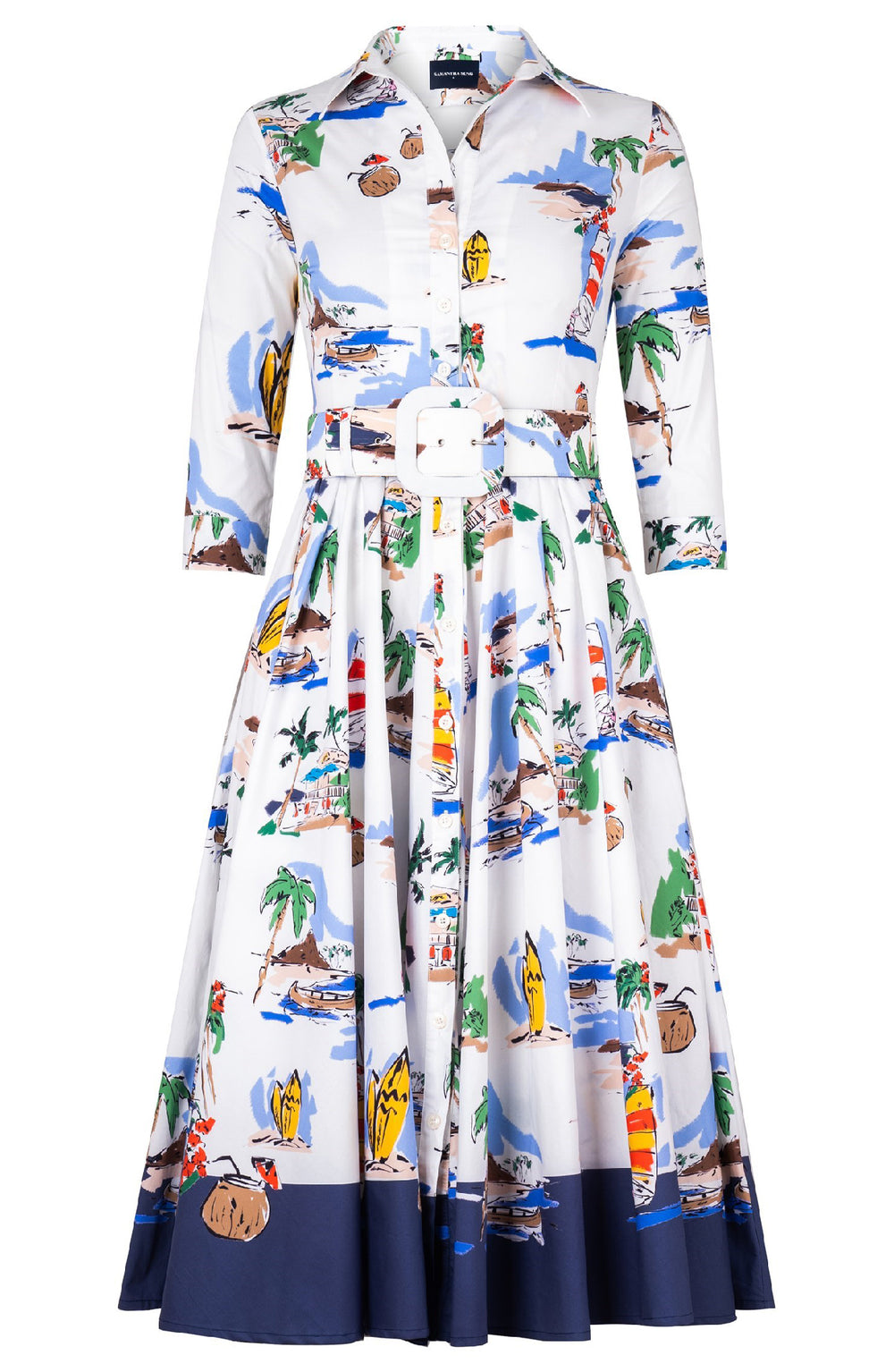 Abelia Dress Shirt Collar 3/4 Sleeve Midi Length Cotton Stretch (Hawaiian Souvenir)