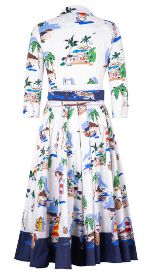 Abelia Dress Shirt Collar 3/4 Sleeve Midi Length Cotton Stretch (Hawaiian Souvenir)