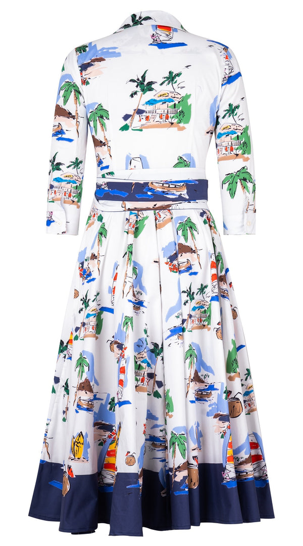 Abelia Dress Shirt Collar 3/4 Sleeve Midi Length Cotton Stretch (Hawaiian Souvenir)