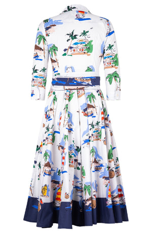 Abelia Dress Shirt Collar 3/4 Sleeve Midi Length Cotton Stretch (Hawaiian Souvenir)
