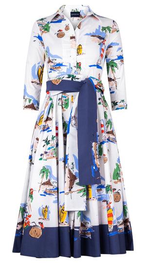Abelia Dress Shirt Collar 3/4 Sleeve Midi Length Cotton Stretch (Hawaiian Souvenir)