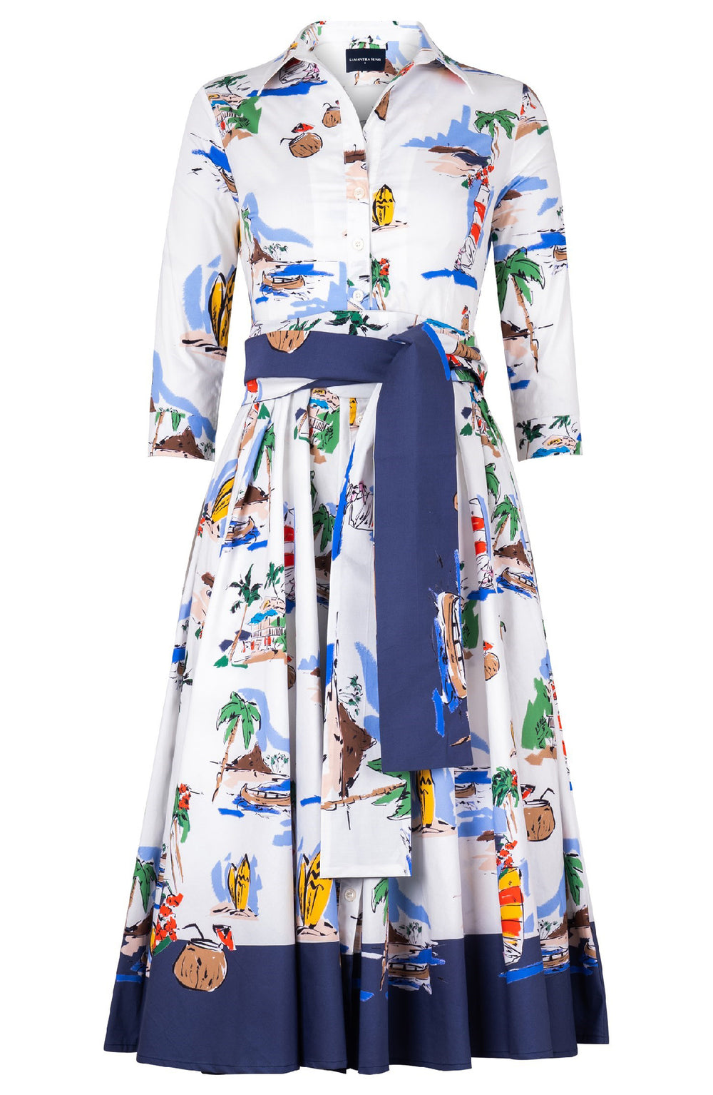 Abelia Dress Shirt Collar 3/4 Sleeve Midi Length Cotton Stretch (Hawaiian Souvenir)