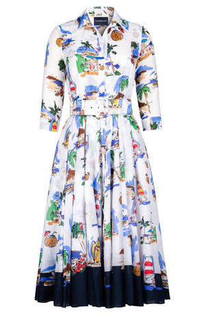 Aster Dress Shirt Collar 3/4 Sleeve Midi Length Cotton Musola (Hawaiian Souvenir)