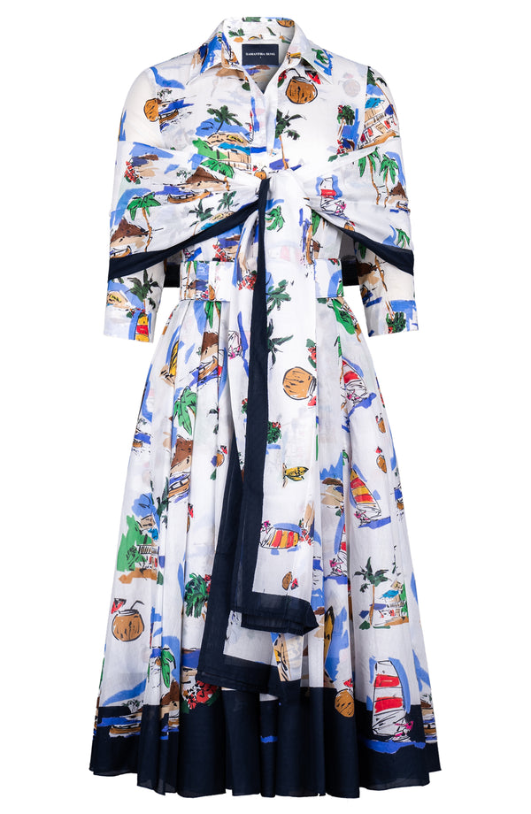 Aster Dress Shirt Collar 3/4 Sleeve Midi Length Cotton Musola (Hawaiian Souvenir)