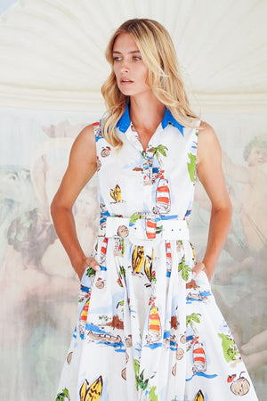 Terry Dress Shirt Collar Sleeveless Midi Plus Length Poliamide Taffta (Hawaiian Souvenir)