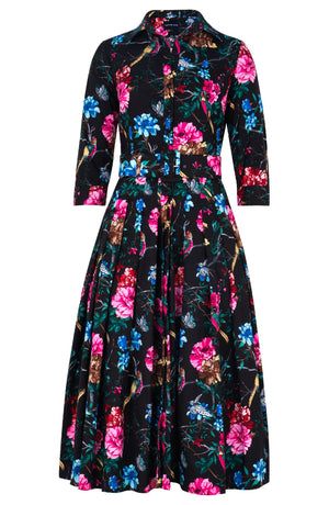 Audrey Dress #4 Shirt Collar 3/4 Sleeve Midi Length Cotton Stretch (Heart Manor)