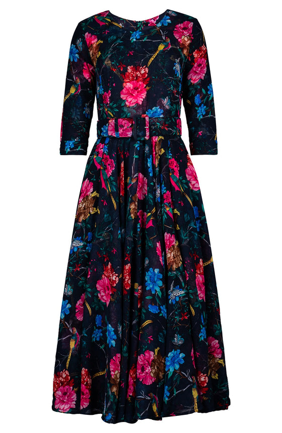 Aster Dress Crew Neck 3/4 Sleeve Midi Plus Length Wool (Heart Manor)- Indigo