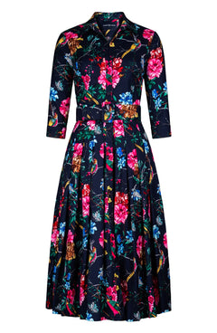 Audrey Dress #2 Shirt Collar 3/4 Sleeve Midi Length Cotton Stretch (Heart Manor)