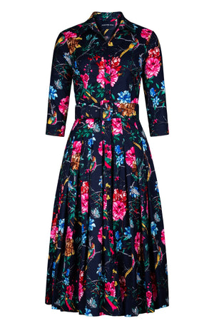 Audrey Dress #2 Shirt Collar 3/4 Sleeve Midi Length Cotton Stretch (Heart Manor)