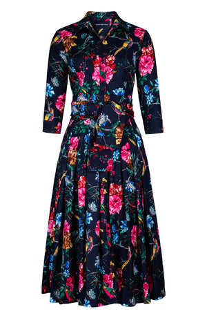 Audrey Dress #2 Shirt Collar 3/4 Sleeve Midi Length Cotton Stretch (Heart Manor)