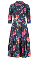 Audrey Dress #4 Shirt Collar 3/4 Sleeve Midi Length Cotton Stretch (Heart Manor)