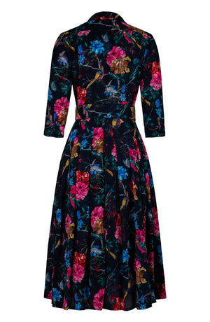 Audrey Dress #4 Shirt Collar 3/4 Sleeve Midi Length Wool (Heart Manor) - Indigo