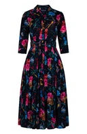 Audrey Dress #4 Shirt Collar 3/4 Sleeve Midi Length Wool (Heart Manor) - Indigo