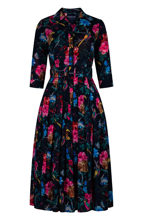 Audrey Dress #4 Shirt Collar 3/4 Sleeve Midi Length Wool (Heart Manor) - Indigo