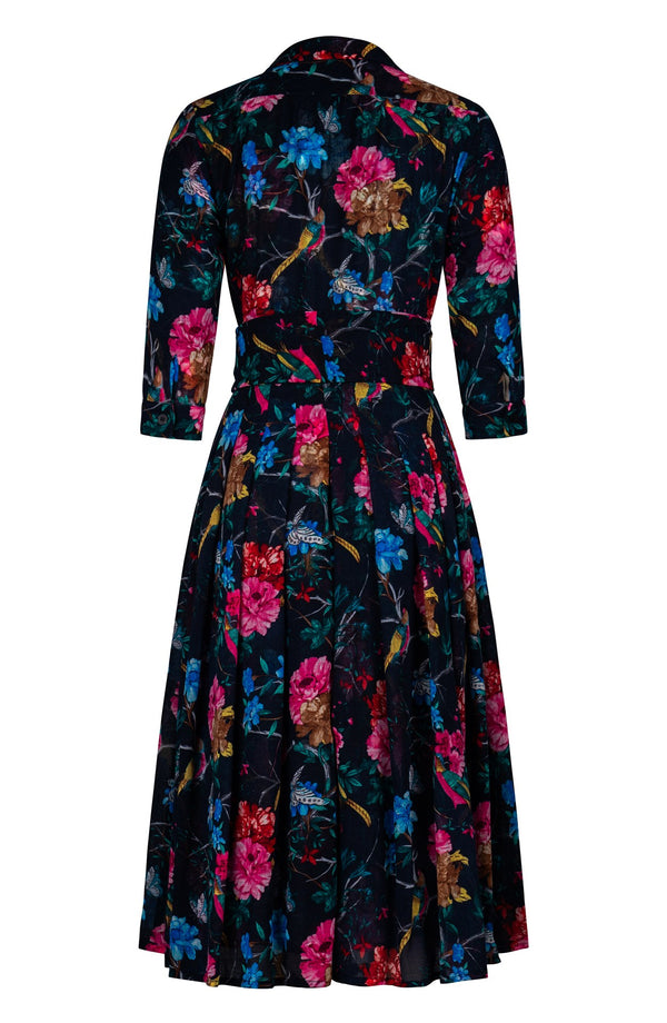 Audrey Dress #4 Shirt Collar 3/4 Sleeve Midi Length Wool (Heart Manor) - Indigo