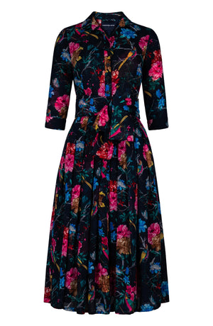 Audrey Dress #4 Shirt Collar 3/4 Sleeve Midi Length Wool (Heart Manor) - Indigo