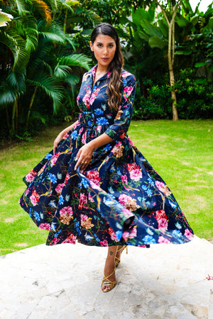 Sabrina Dress Shirt Collar 3/4 Sleeve Midi Plus Length Poliamide Taffta (Heart Manor)