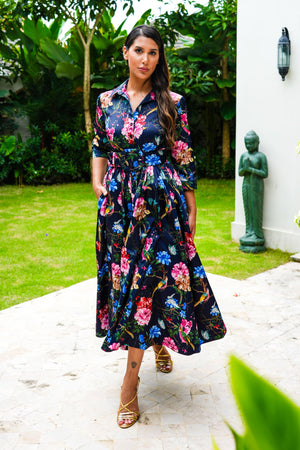 Sabrina Dress Shirt Collar 3/4 Sleeve Midi Plus Length Poliamide Taffta (Heart Manor)