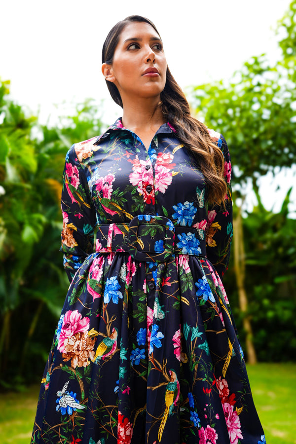 Sabrina Dress Shirt Collar 3/4 Sleeve Midi Plus Length Poliamide Taffta (Heart Manor)