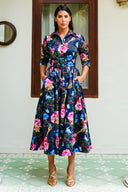 Sabrina Dress Shirt Collar 3/4 Sleeve Midi Plus Length Poliamide Taffta (Heart Manor)