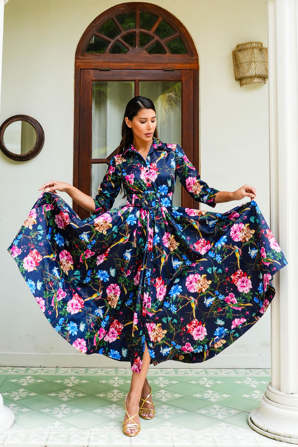 Sabrina Dress Shirt Collar 3/4 Sleeve Midi Plus Length Poliamide Taffta (Heart Manor)