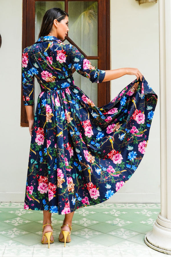 Sabrina Dress Shirt Collar 3/4 Sleeve Midi Plus Length Poliamide Taffta (Heart Manor)