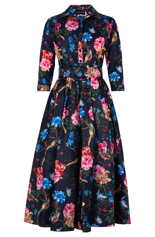Terry Dress Shirt Collar 3/4 Sleeve Midi Plus Length Poliamide Taffta (Heart Manor)