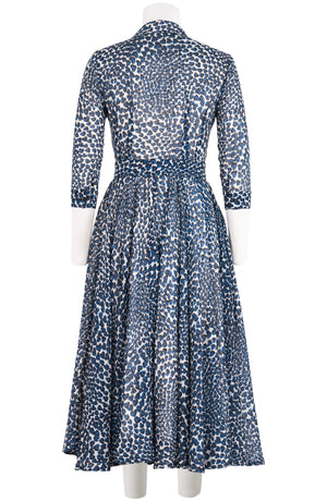 Aster Dress Shirt Collar 3/4 Sleeve Midi Length Wool (Heart Wave) - Ivory Indigo