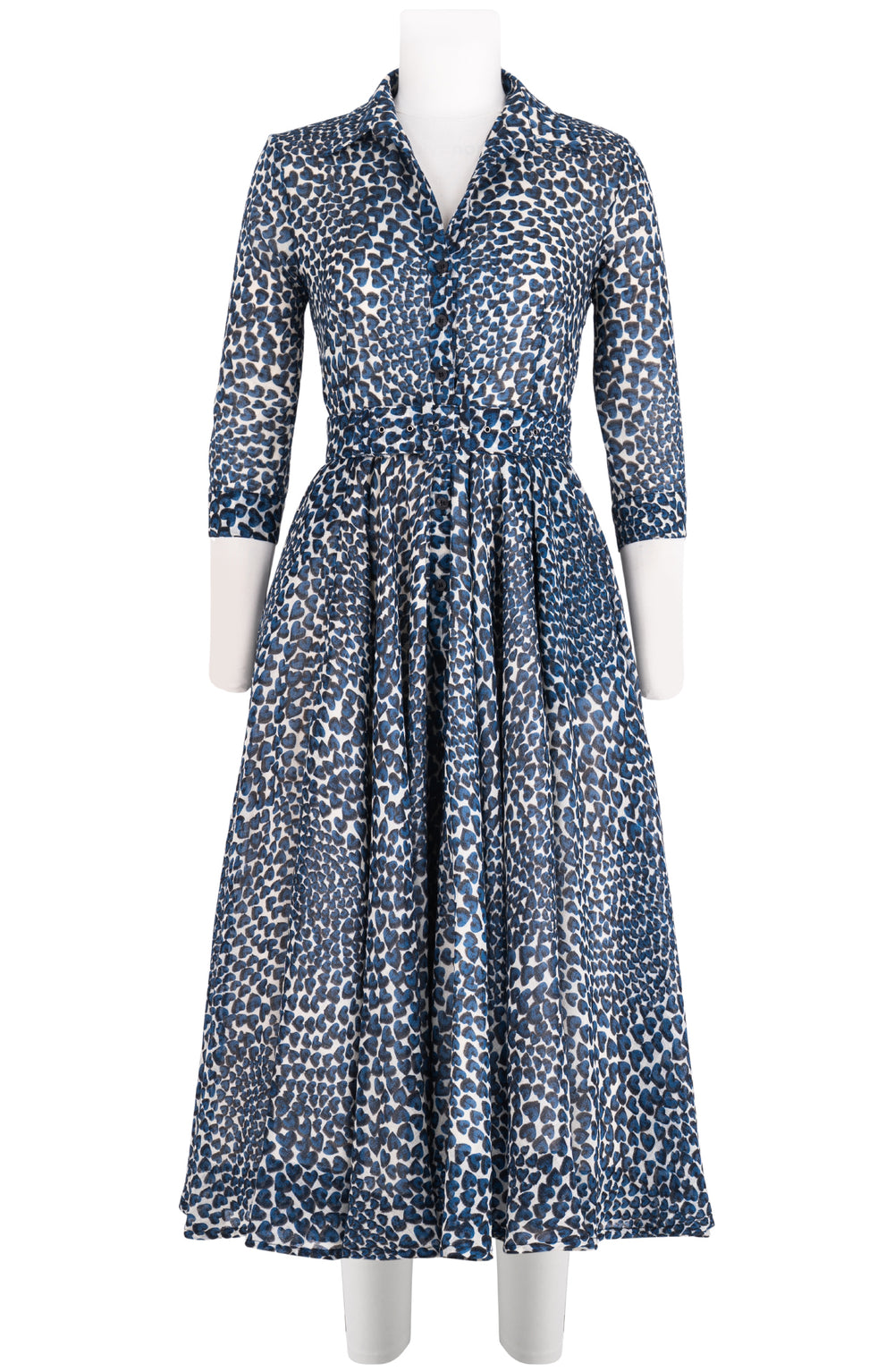 Aster Dress Shirt Collar 3/4 Sleeve Midi Length Wool (Heart Wave) - Ivory Indigo
