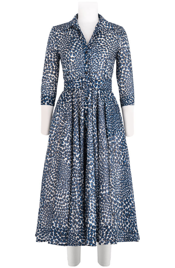 Aster Dress Shirt Collar 3/4 Sleeve Midi Length Wool (Heart Wave) - Ivory Indigo
