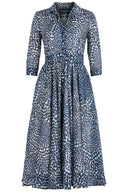 Aster Dress Shirt Collar 3/4 Sleeve Midi Length Wool (Heart Wave) - Ivory Indigo