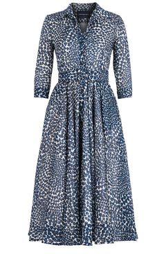 Aster Dress Shirt Collar 3/4 Sleeve Midi Length Wool (Heart Wave) - Ivory Indigo