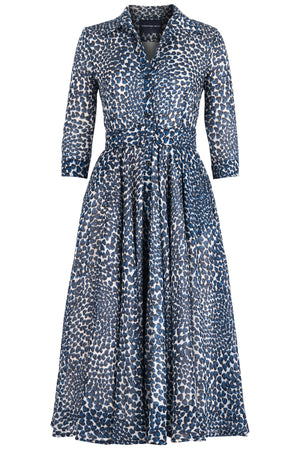Aster Dress Shirt Collar 3/4 Sleeve Midi Length Wool (Heart Wave) - Ivory Indigo
