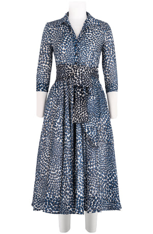 Aster Dress Shirt Collar 3/4 Sleeve Midi Length Wool (Heart Wave) - Ivory Indigo