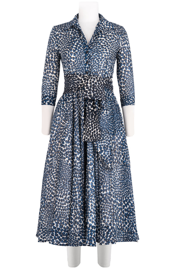 Aster Dress Shirt Collar 3/4 Sleeve Midi Length Wool (Heart Wave) - Ivory Indigo