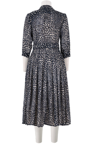 Audrey Dress #4 Shirt Collar 3/4 Sleeve Midi Length Wool (Heart Wave) - Ivory Indigo