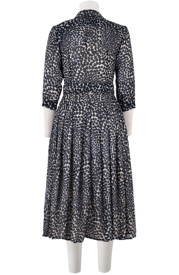 Audrey Dress #4 Shirt Collar 3/4 Sleeve Midi Length Wool (Heart Wave) - Ivory Indigo