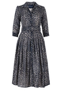 Audrey Dress #4 Shirt Collar 3/4 Sleeve Midi Length Wool (Heart Wave) - Ivory Indigo