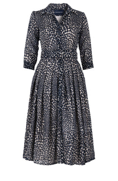 Audrey Dress #4 Shirt Collar 3/4 Sleeve Midi Length Wool (Heart Wave) - Ivory Indigo