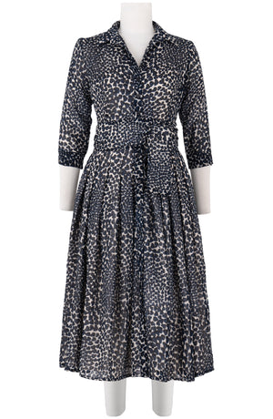 Audrey Dress #4 Shirt Collar 3/4 Sleeve Midi Length Wool (Heart Wave) - Ivory Indigo