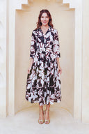 Audrey Dress #4 Shirt Collar 3/4 Sleeve Midi Length Cotton Musola (Hemingway Flower Ground)