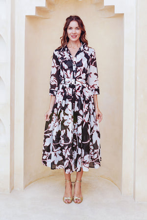 Audrey Dress #4 Shirt Collar 3/4 Sleeve Midi Length Cotton Musola (Hemingway Flower Ground)