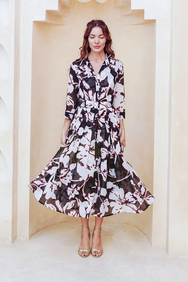 Audrey Dress #4 Shirt Collar 3/4 Sleeve Midi Length Cotton Musola (Hemingway Flower Ground)