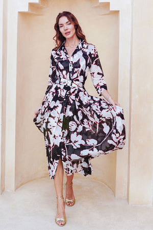 Audrey Dress #4 Shirt Collar 3/4 Sleeve Midi Length Cotton Musola (Hemingway Flower Ground)