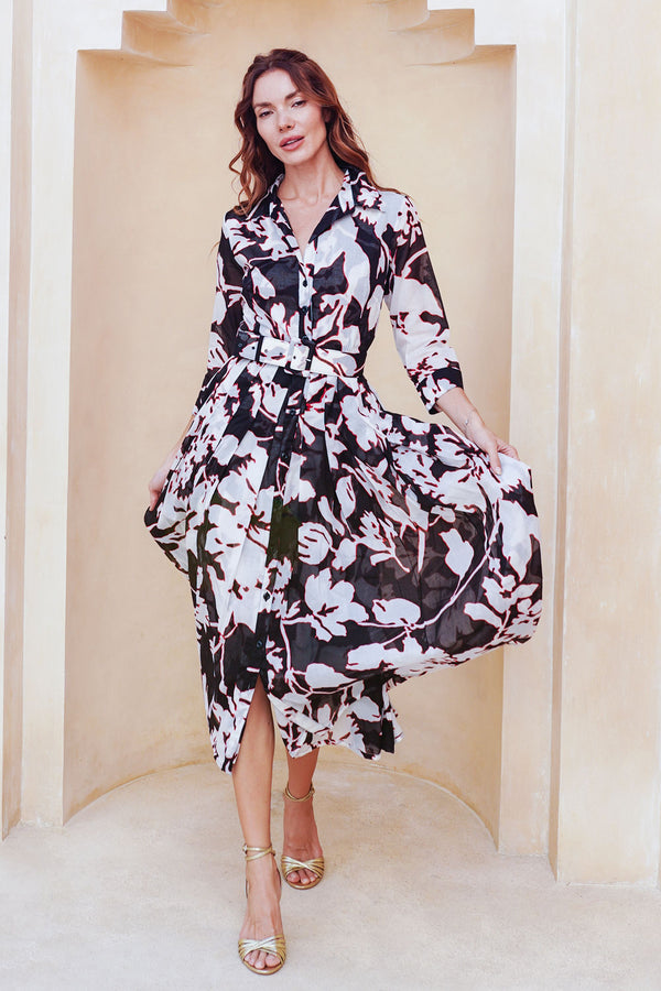 Audrey Dress #4 Shirt Collar 3/4 Sleeve Midi Length Cotton Musola (Hemingway Flower Ground)