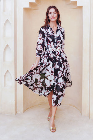 Audrey Dress #4 Shirt Collar 3/4 Sleeve Midi Length Cotton Musola (Hemingway Flower Ground)