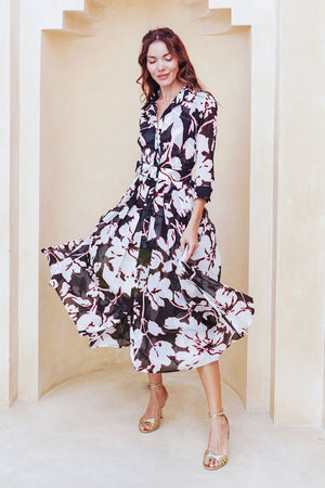 Audrey Dress #4 Shirt Collar 3/4 Sleeve Midi Length Cotton Musola (Hemingway Flower Ground)