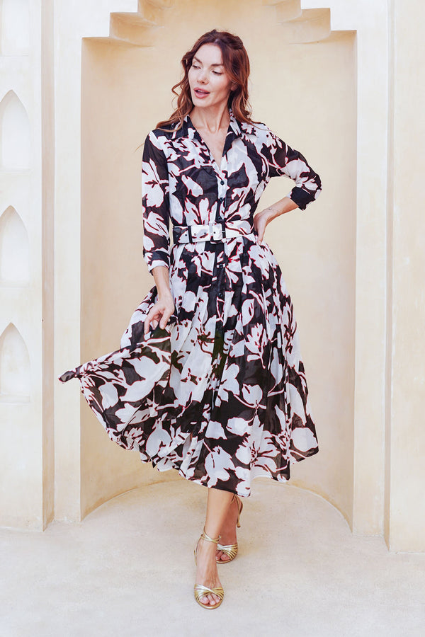 Audrey Dress #4 Shirt Collar 3/4 Sleeve Midi Length Cotton Musola (Hemingway Flower Ground)